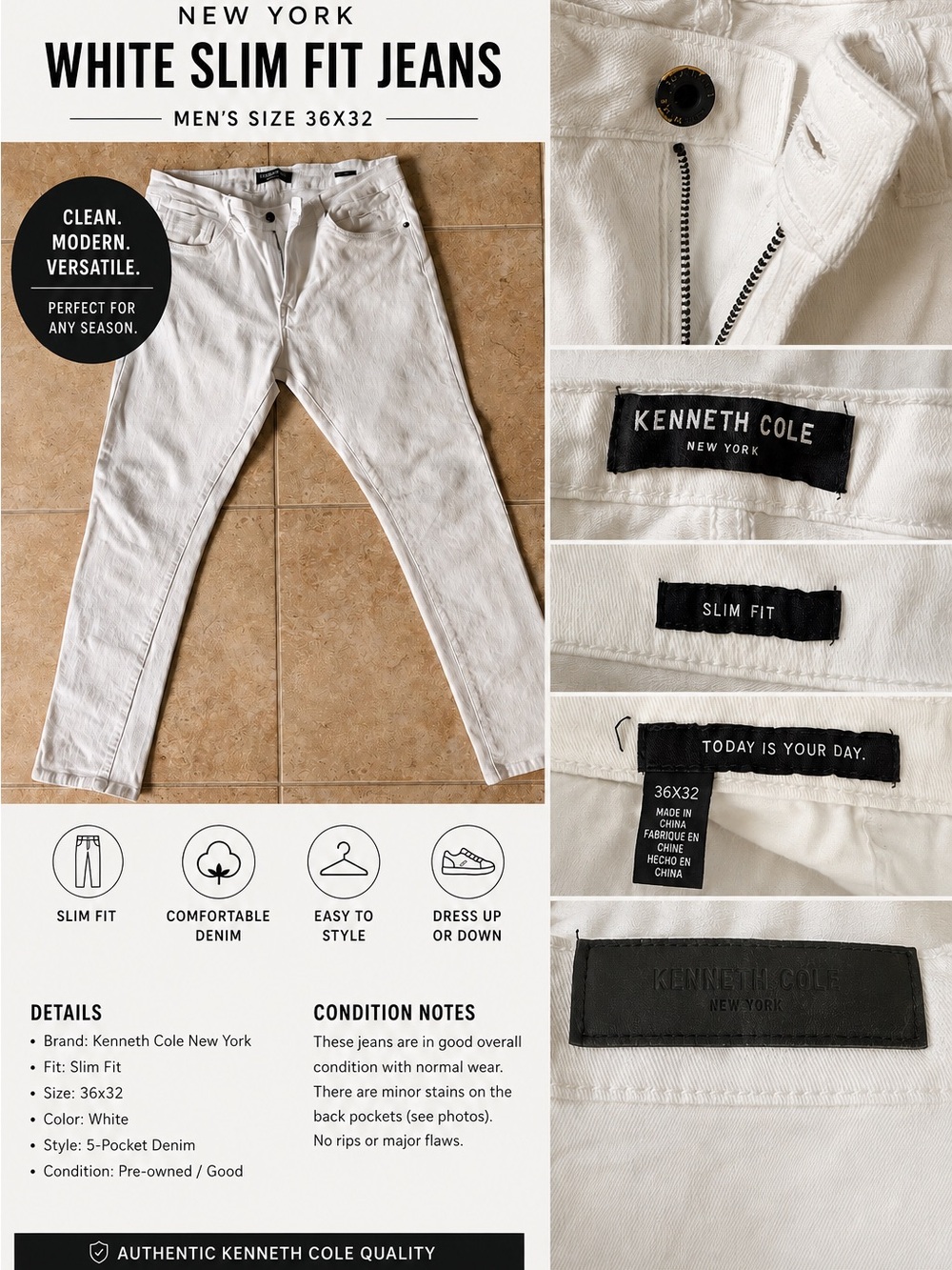 KENNETH COLE NEW YORK White Slim Fit Jeans – Men’s 36x32